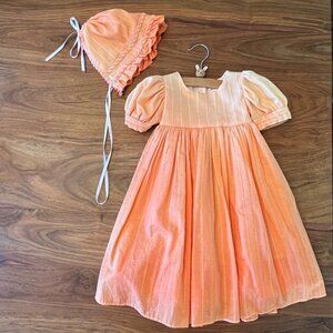 Custom Dyed Orange Ombre Dress with Wide Sash & Twisted Trim Bonnet